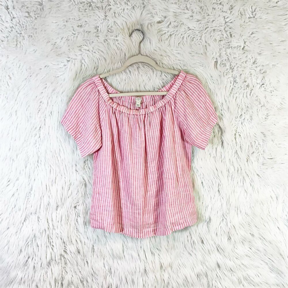 J. Crew linen Off Shoulder Striped Blouse Pink White Size S